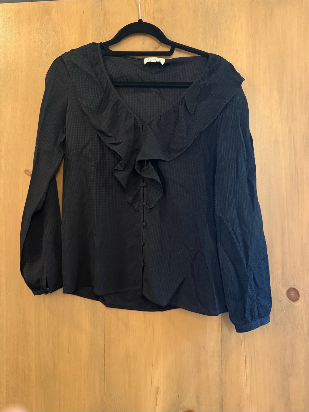 Sezane Black Ruffle V-Neck Button Blouse